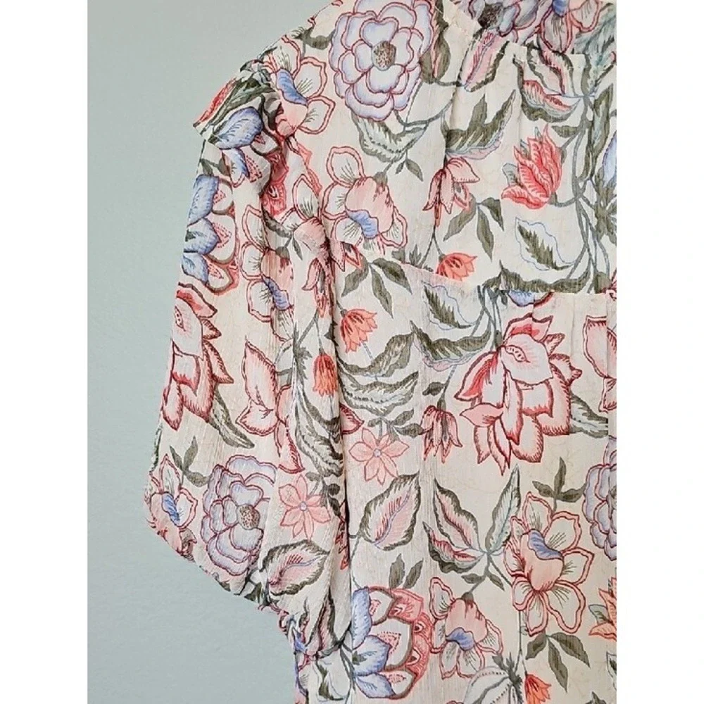 LOFT Women Cottagecore Floral Ruffle Neck Puff Sleeve Lined Blouse Size Large
